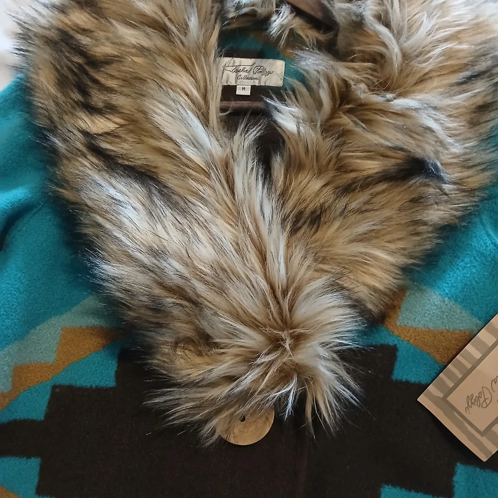 Tasha Polizzi Teal and Brown Cape with Faux Fur - Picture 3 of 7